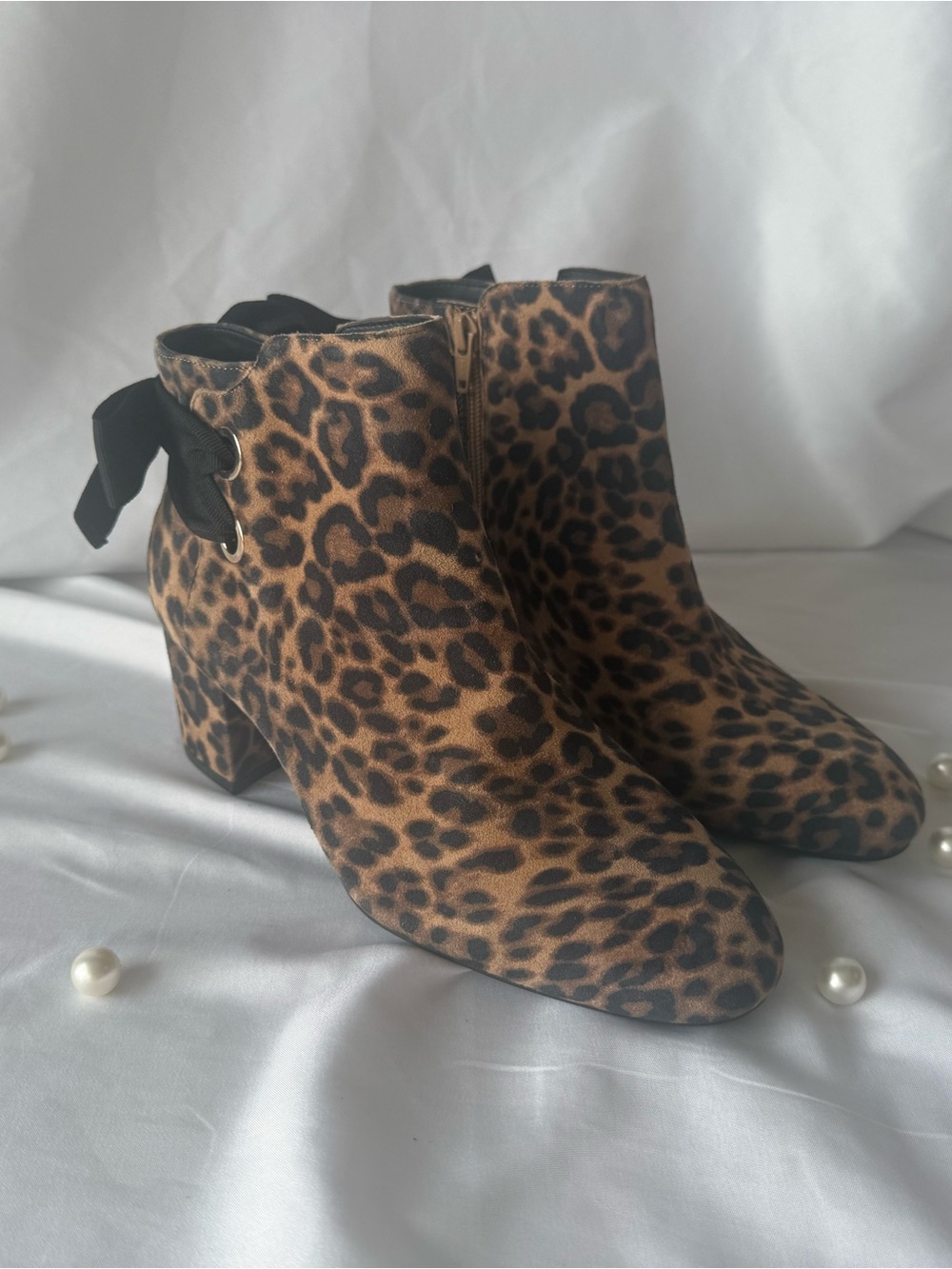 Copper Key Leopard Print Ankle Boots with Black Bow Accent